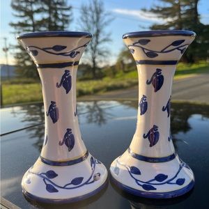5’ Ceramic Tapered Candlestick Holder Blue Floral Pillar Style Set